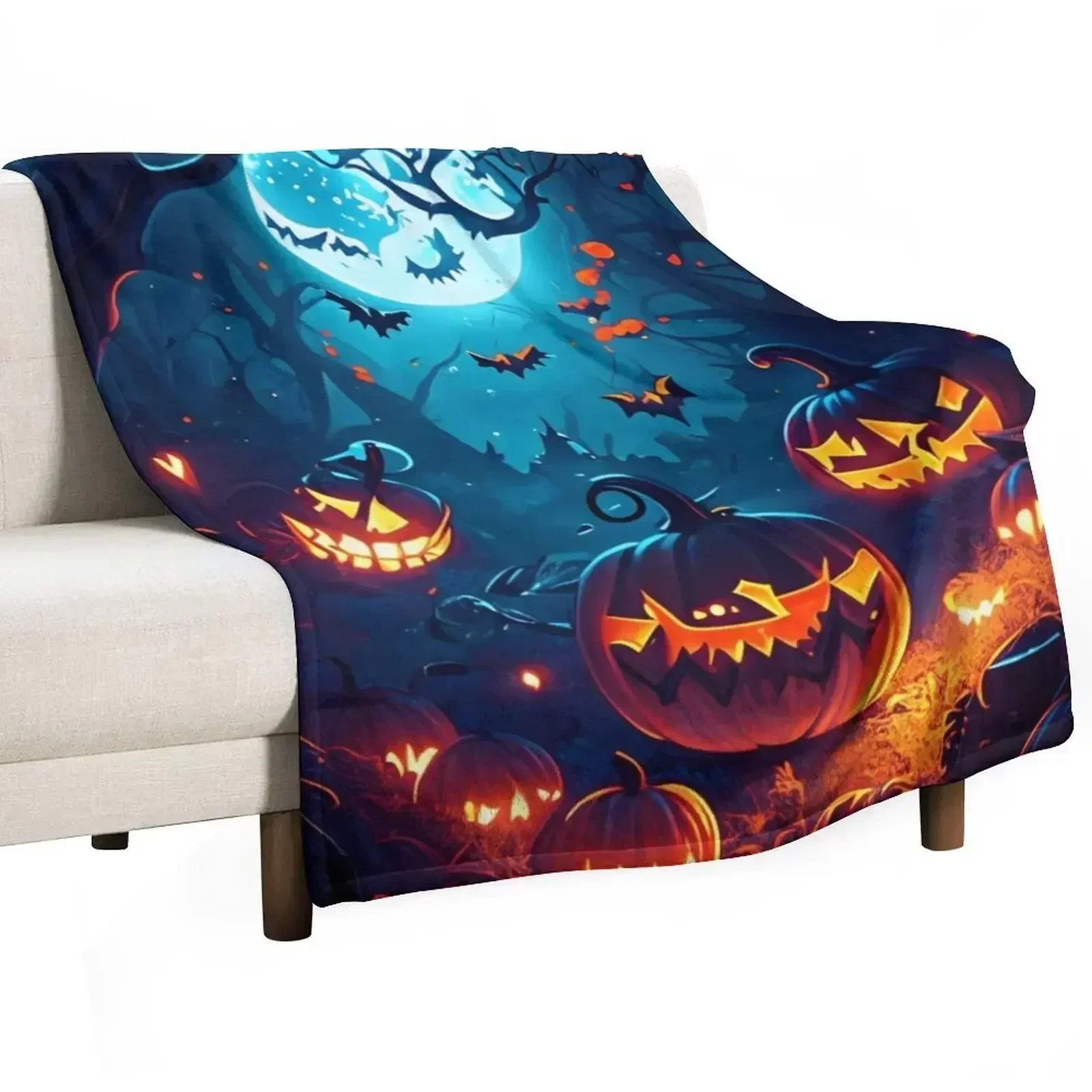 Enchanted full moon night: glowing pumpkins in the forest Throw Blanket Color Fast Cozy Throw Blanket