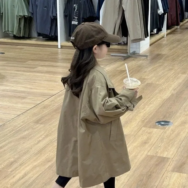 

Girl's Khaki Trench Coat Mid Length Loose British Style Spring Autumn Casual Outerwear