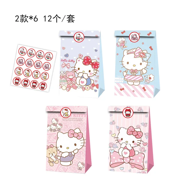 12 Stuks Hello Kitty Thema Cadeau Tas Verjaardagsfeestje Decoratieve Papieren Zak Schattige Snoepzak Kawaii Milieuvriendelijke Papieren Zakken Cadeau Meisje