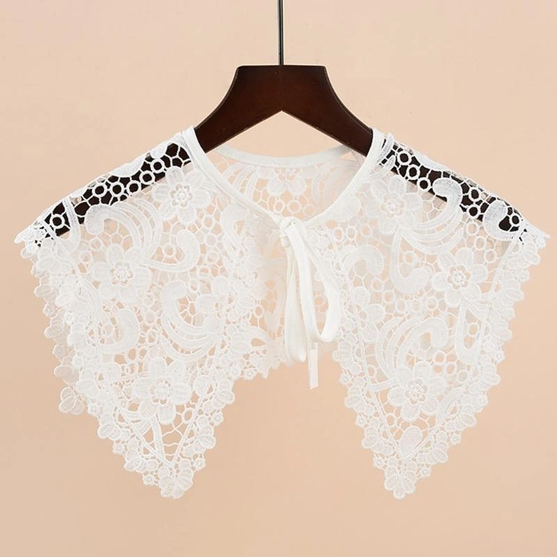 Women Hollow Out Paisely Floral Lace Fake Collar Triangular Shawl Large Shoulder Wrap Necklace Lace-Up Short Capelet