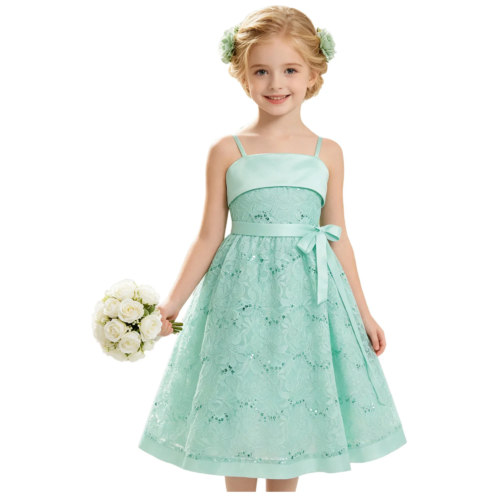 Graduation Gown Kids Flower Girls Floral Lace Princess Dress with Sash Sleeveless Formal Dress for Wedding Birthday Party Gowns