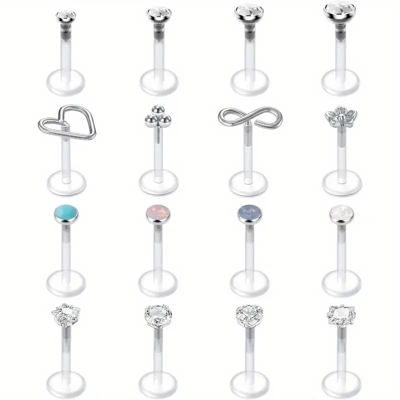 16pcs/Set Flexible Acrylic Forward Tragus Helix Cartilage Earrings For Women Retainer Bioflex Labret Lip Stud Piercing Jewelry