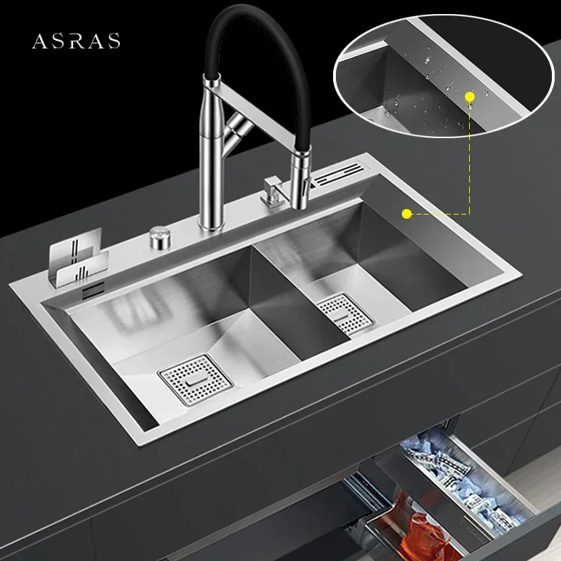 ASRAS Large Size Double kitchen Sink SUS 304 Stainless Steel Handmade Brushed 4mm Thickness Above Mount Sinks With Knife Holder