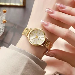 Reloj de lujo con esfera redonda Simple para Mujer, pulsera de oro inoxidable, Reloj de pulsera de cuarzo para estudiantes, relojes para Mujer