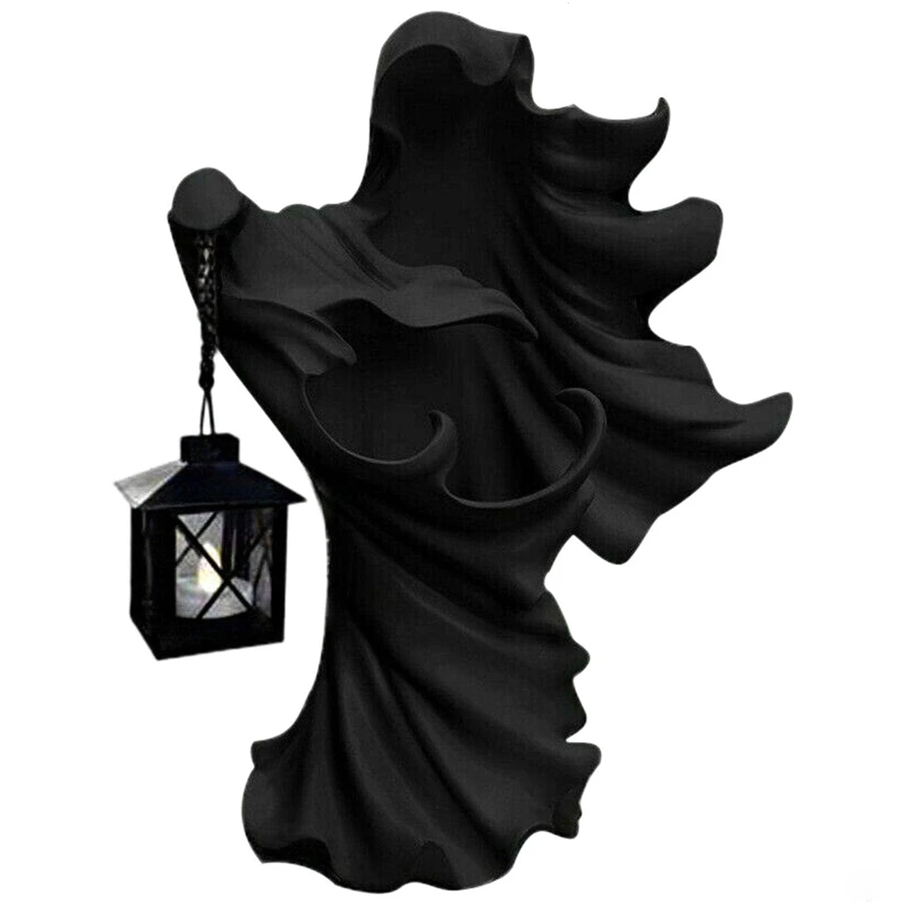 Ghost Halloween Witch Ornament with Lantern Energy Saving Resin Statue for Garden Courtyard Decor Black