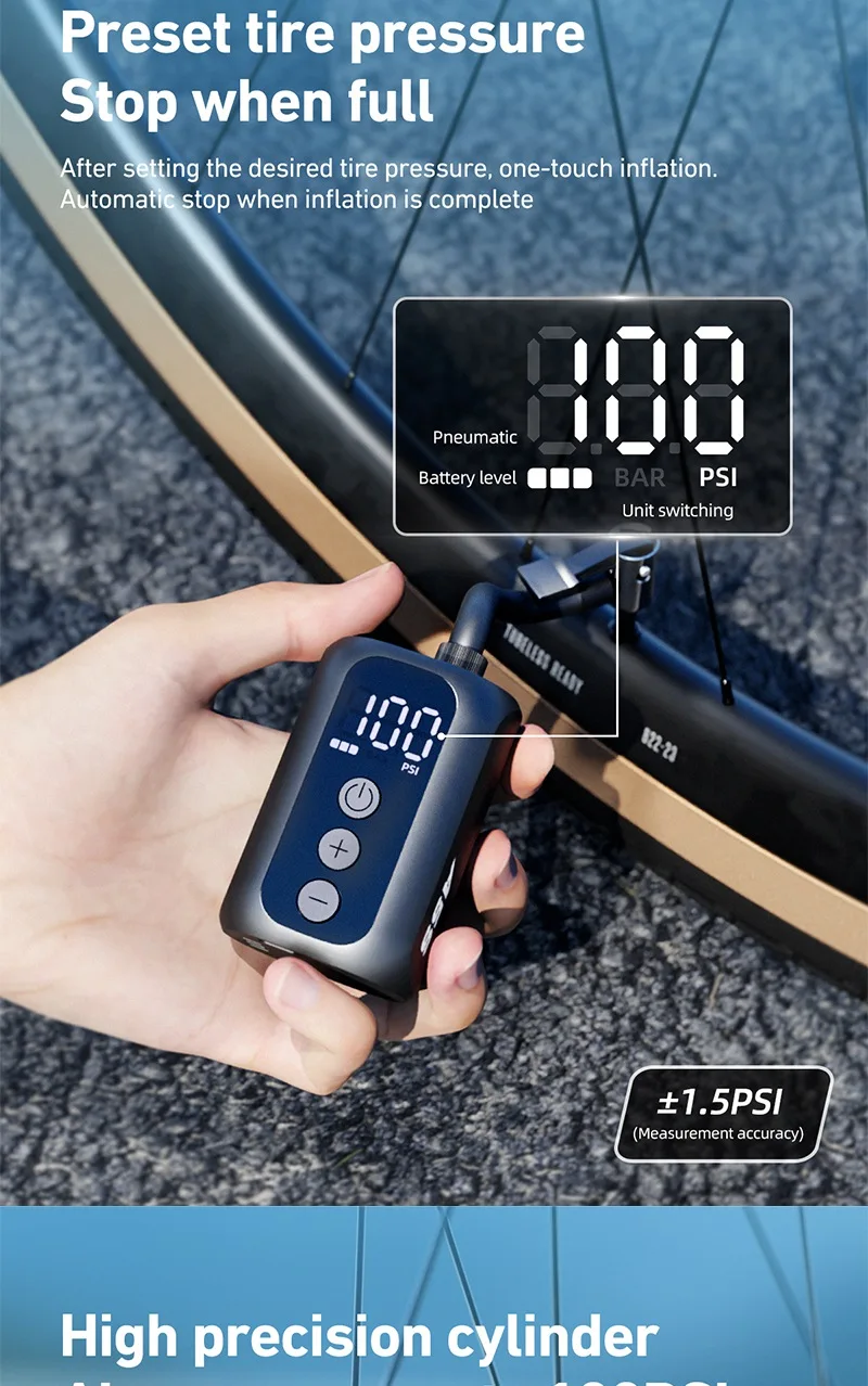 CYCLAMI 100 PSI Hochdruck-Minipumpe mit Display, tragbare elektrische Taschenpumpe für Fahrräder, schneller Kompressor, Reifenfüller – Detail 2
