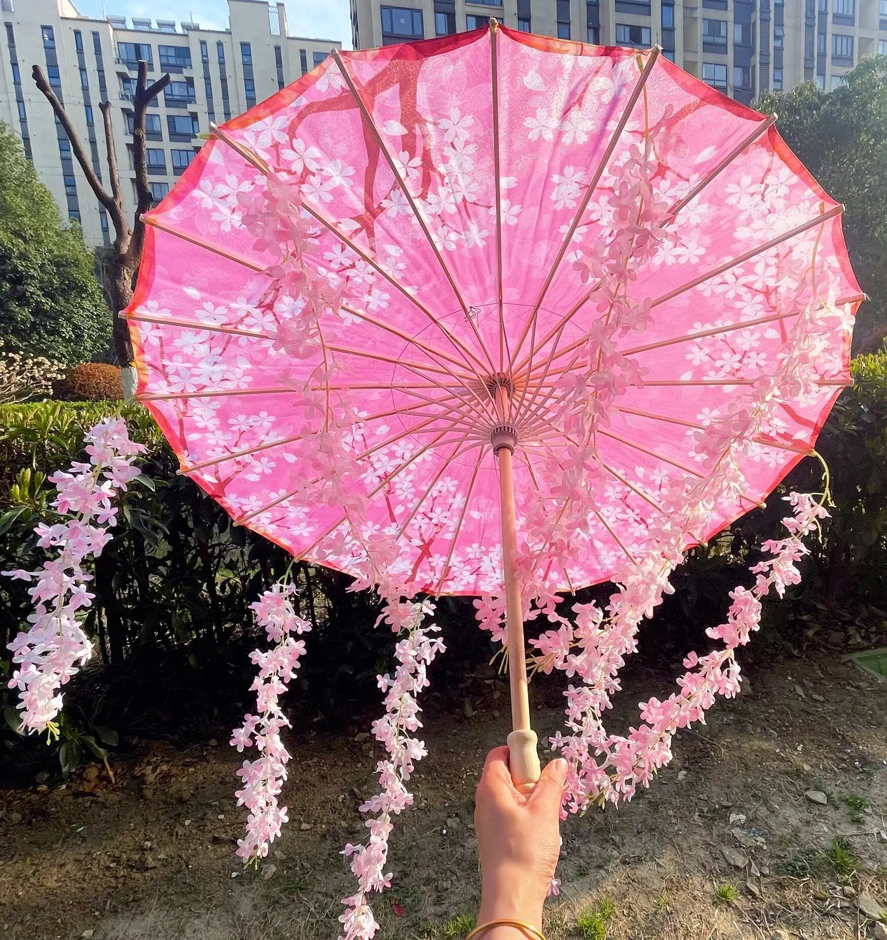 82CM 32\'\' Sakura Umbrella Hanfu Parasol Flowers Waterproof Car Lace Umbrella Dance Cosplay Japan Sakura Spring OilPaper Cosplay