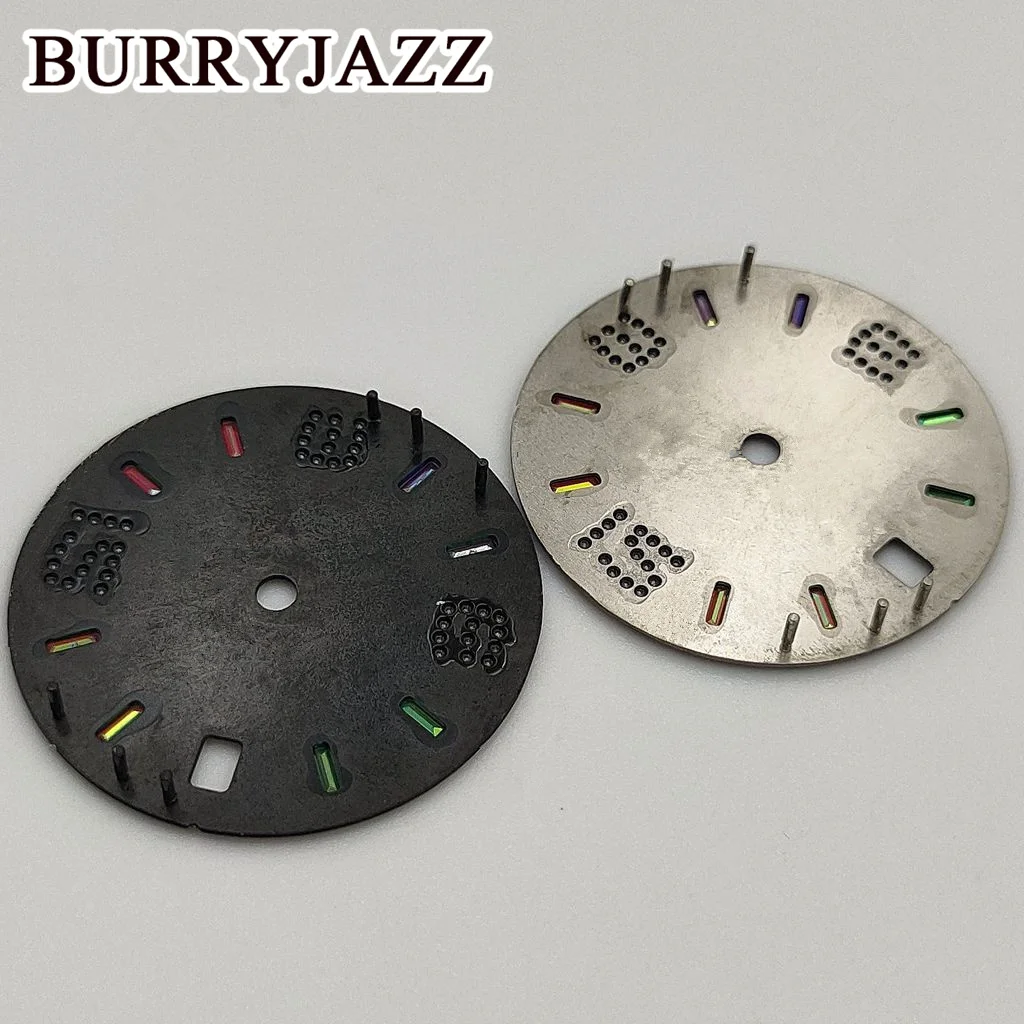 BURRYJAZZ 28.5 ملم بدون شعار NH35 قرص الساعة فضي أسود أزرق أخضر قرص مناسب 3 الساعة 3.8 ساعة تاج