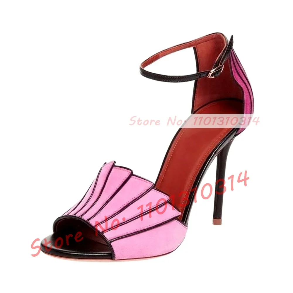 Multicolor Fan-shaped Suede Sandals Women Sweet Splicing Pink High Heels Open Toe Shoes Girl\'s Summer Party Cover Heel Shoes