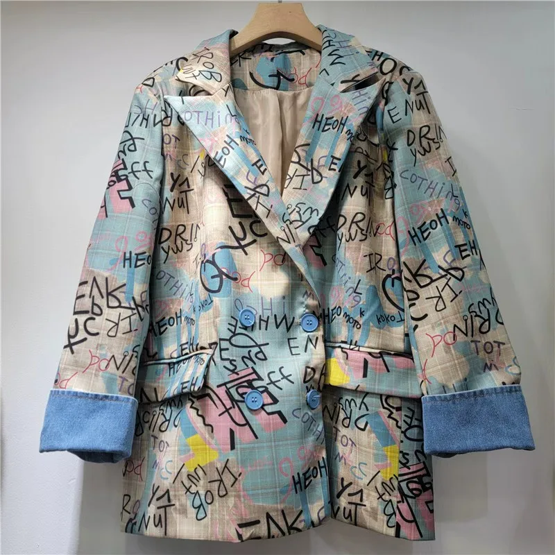 Graffiti Letter Print Contrast Color Plaid Suit Jacket Cowboy Patchwork Casual Notched Collar Long Sleeve Female Blazers Coat