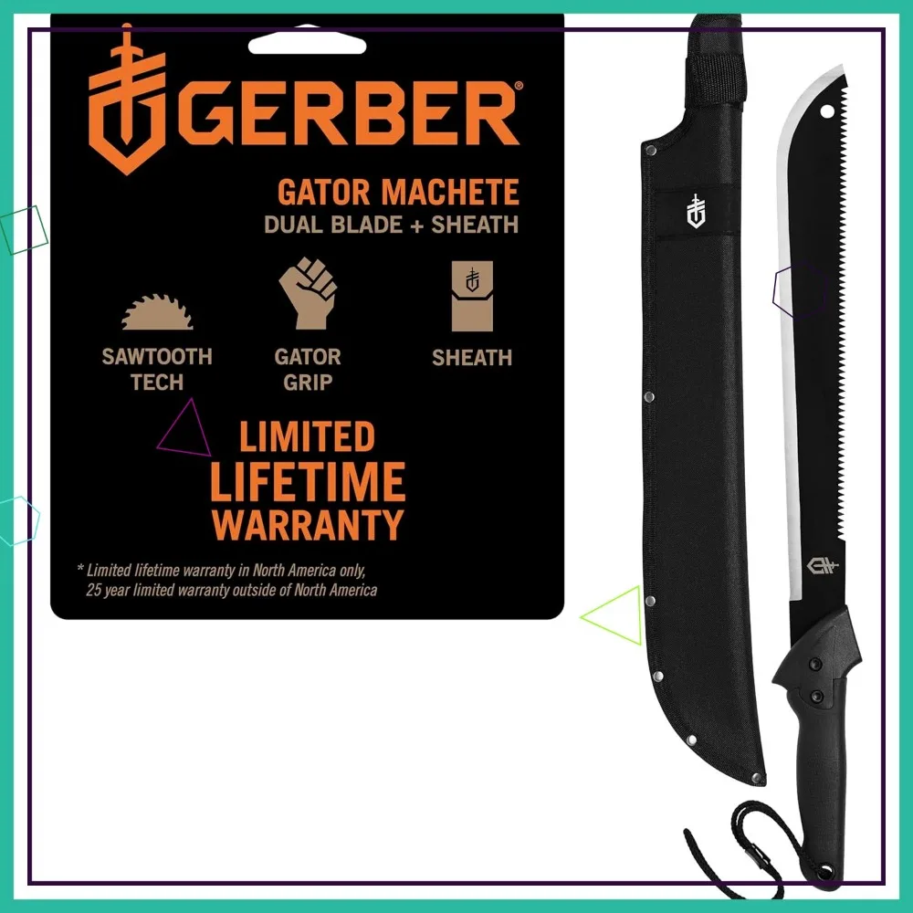 25" Machete with Plain Edge and Saw Blade, Gator Grip Handle, Sheath for Gardening, Survival, Hunting, Camping