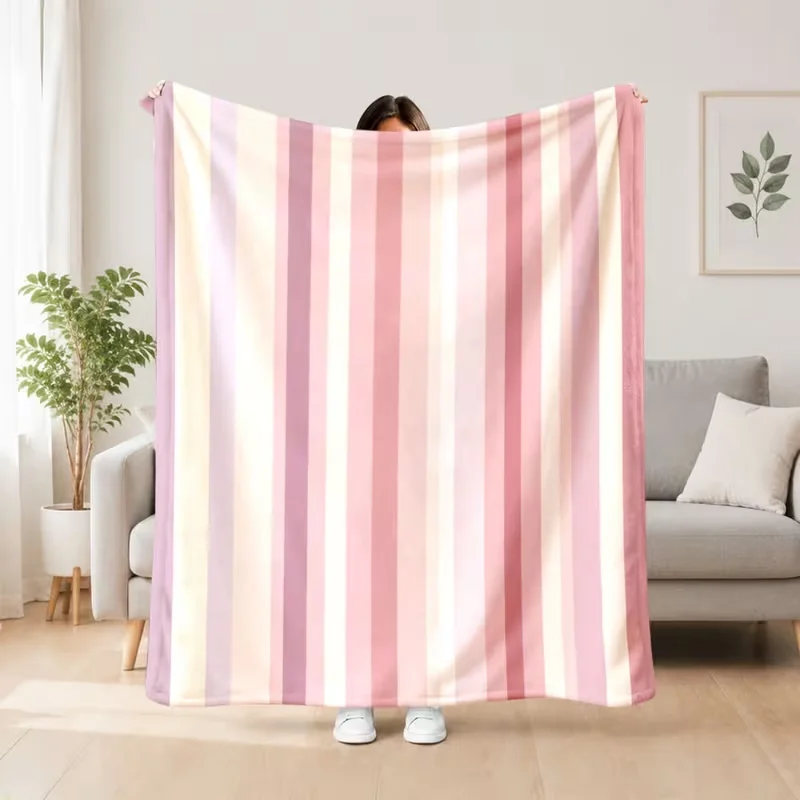 Pink Gradient Vertical Striped Blanket Soft Multi Tone Pink White Line Print Blanket Bedroom Sofa Decor All Season