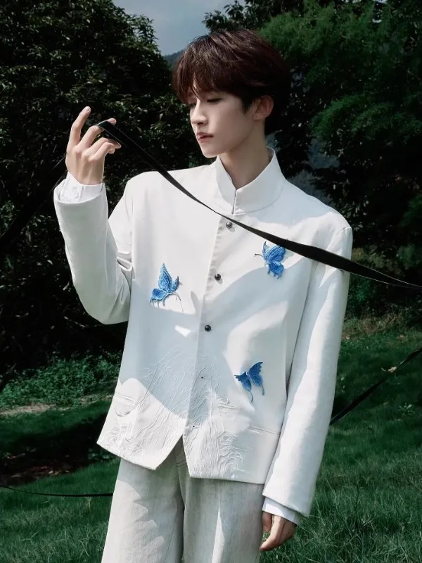 

Ele Embroidery Stand Collar Men's Suit Traditional Chinese Sle White Casual Western Coat Trendy Brand