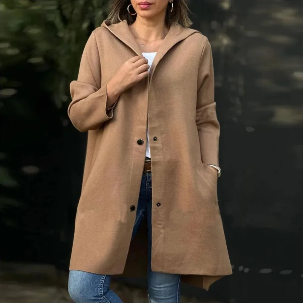 Autumn And Winter New Solid Color Woolen For Women\'s Long Sleeve Coat Elegant Fashion Pocket Casual Loose Female Hooded Coat2024