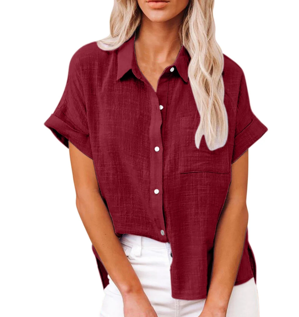 Women Pure Color Linen Shirt Short Sleeve Casual Loose Fit Blouse Fresh Sweet Style Polyester Fabric Available In Multiple Sizes