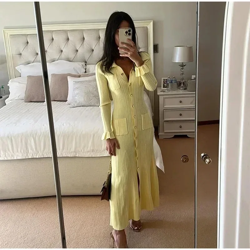 Women Yellow Ruffles Hem Knitted Casual Long Dress Elegant Lapel Full Sleeve Single Breasted Pockets Stretch Bodycon Long Robes