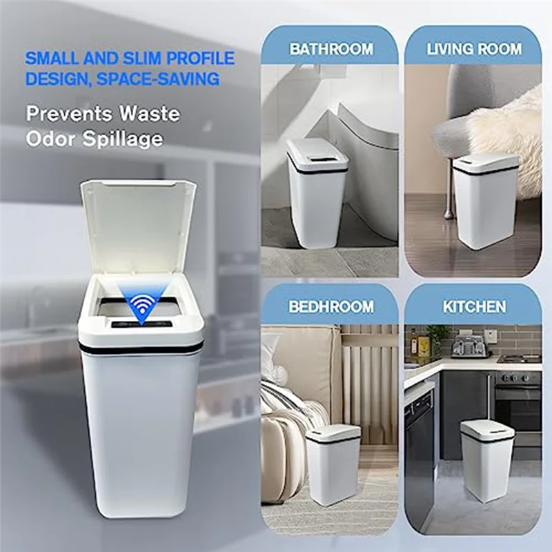 Automatic Touchless Bathroom Trash Can with Lid White Slim Narrow Plastic Smart Motion Sensor Covered Garbage