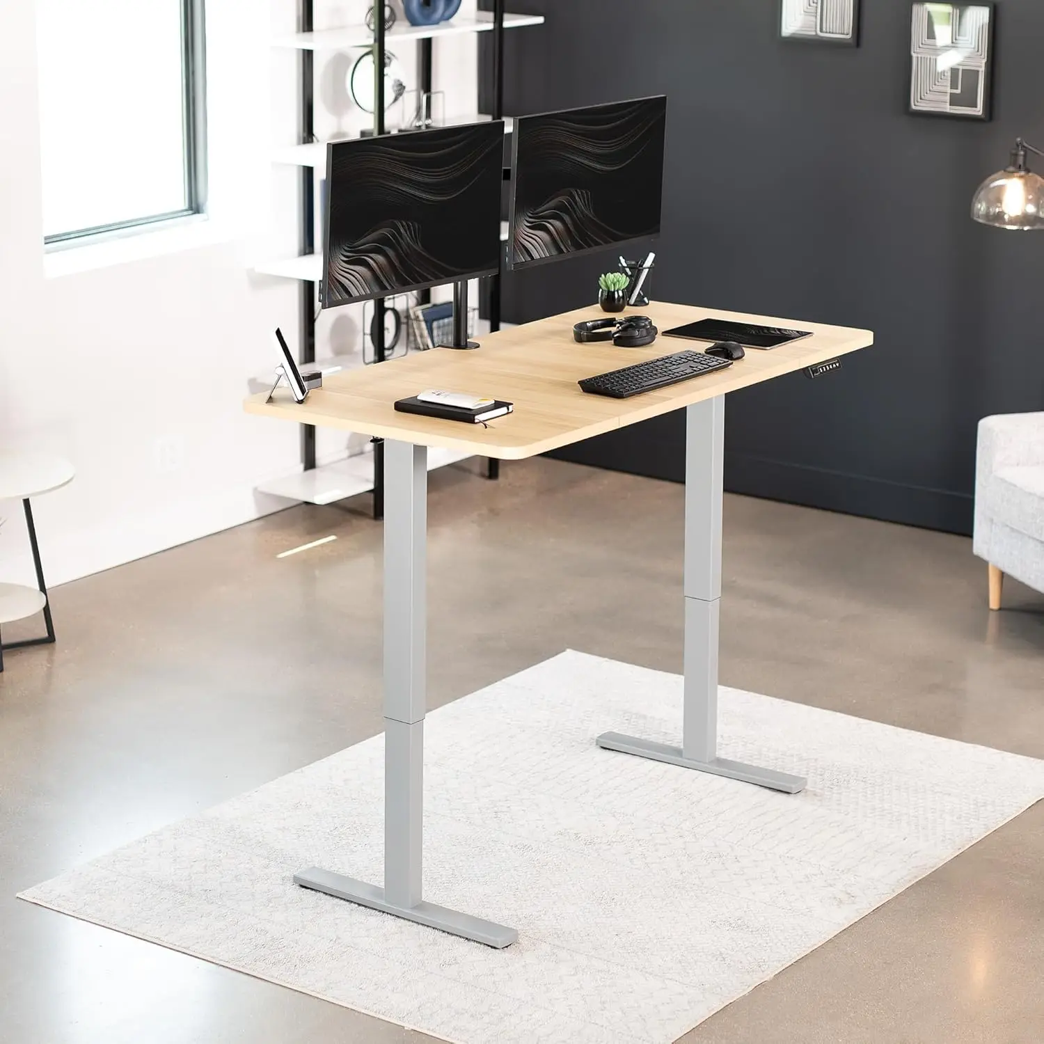 Electric 60 x 30 inch standing desk workstation, memory controller height adjustment, light wood top grey frame