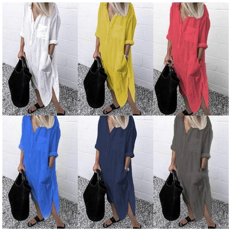 2021 Lady Elegant Long Shirt COTTON Dress Fashion Spring/Autumn Long Sleeve Casual Simple Pure Color S-4XL Women Dress