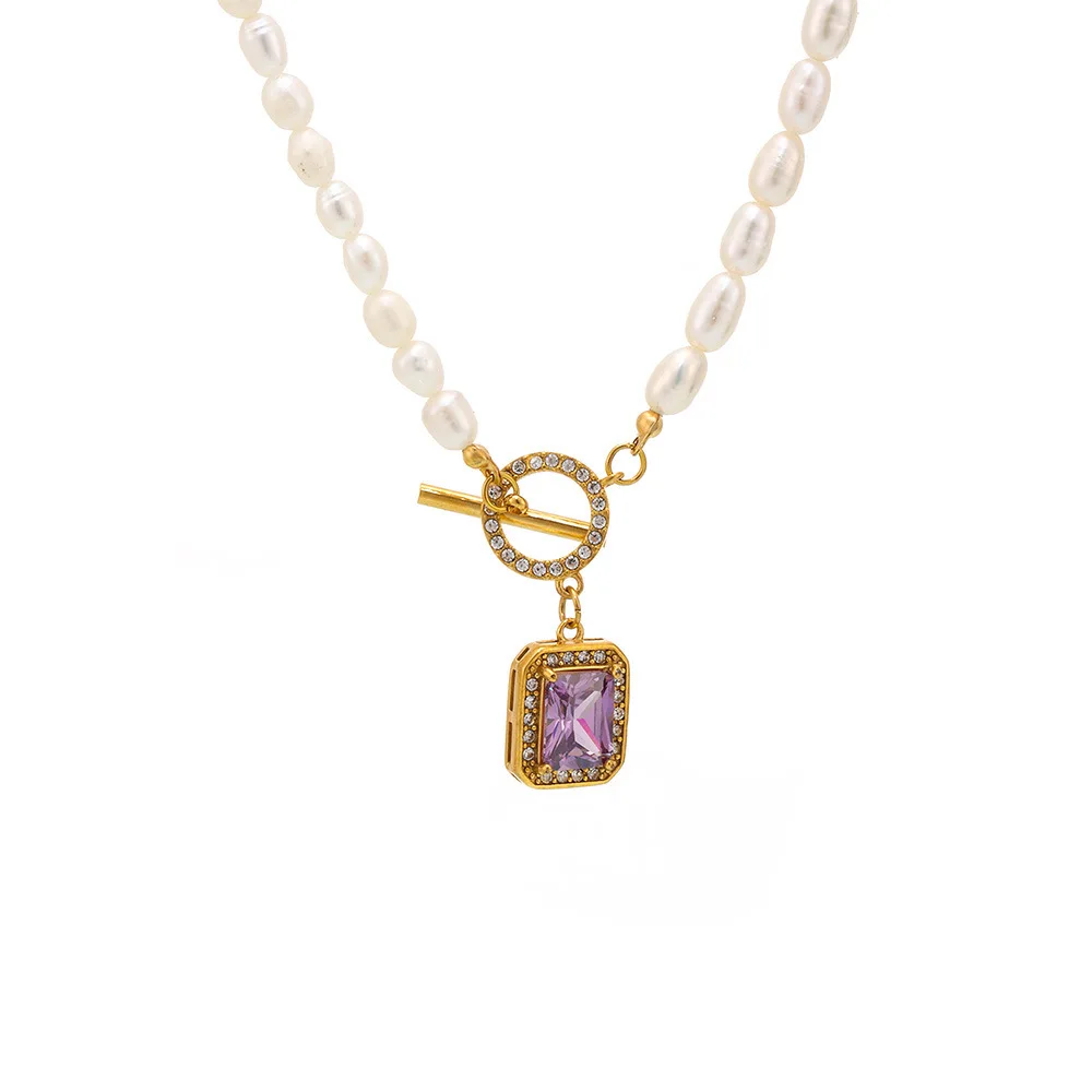 

Women's Necklace with Freshwater Pearl Zircon OT Buckle Design Stainless Steel Fashionable and Versatile Jewelry Accessories