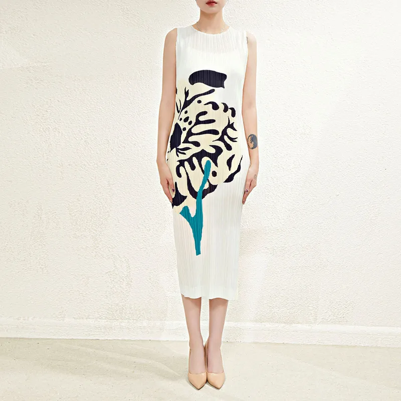 

Tank Dress Summer For Women 45-75kg New Round Neck Sleeveless Printed Stretch Miyake Pleated Slim Dresses