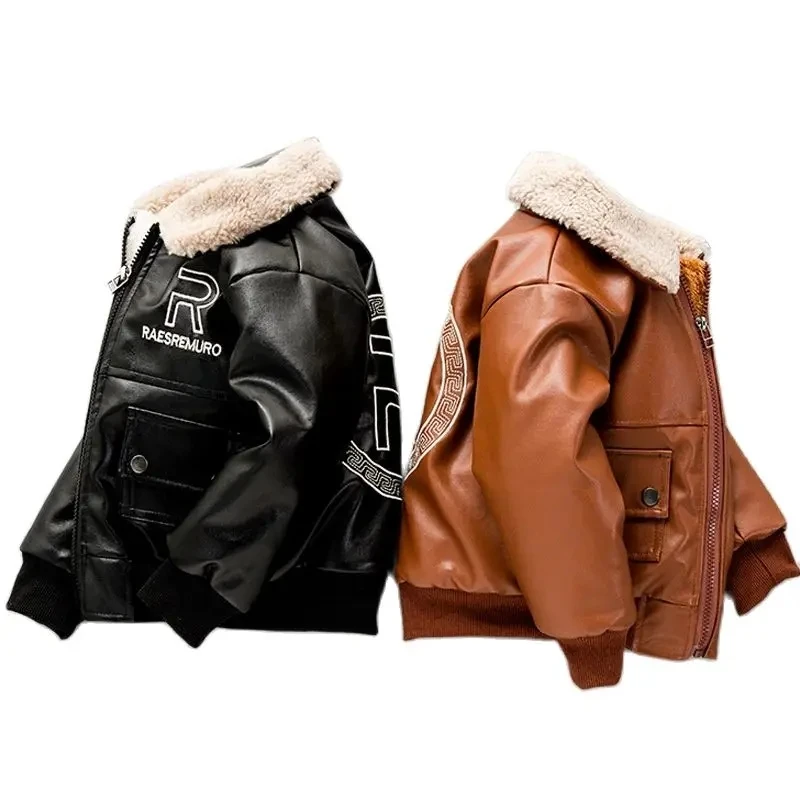 2024 New pattern Boys Coats Autumn Winter Fashion Korean Children\'s lapel Plus Velvet Warming Cotton PU Leather Jacket For 2-12Y