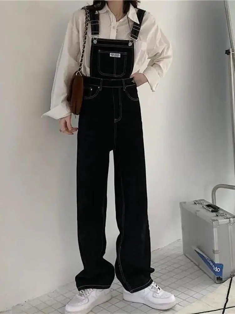 

Комбинезон женский джинсовый с широкими штанинами, винтажный Свободный Повседневный ромпер с завышенной талией, на бретелях, прямая одежда в уличном стиле, черный, весна-лето