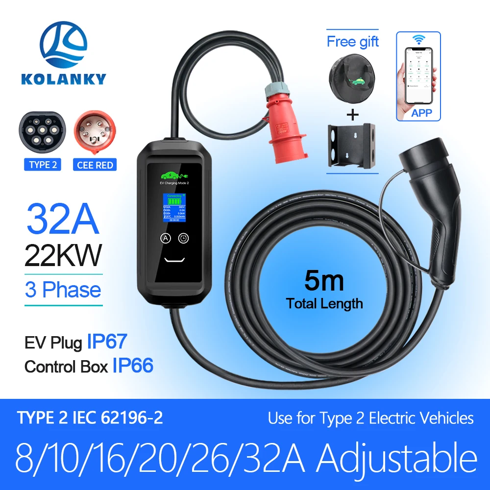 Kolanky Portable EV Charger Type2 Cable 22KW 32A 3Phase EVSE Wallbox Wi-Fi APP Smart Fast Charging Station for Electric Vehicle