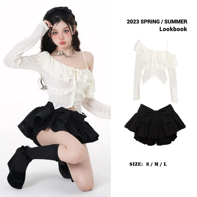 Ruffles Chiffon Shirt Thin Slim Off Shoulder Women  Crop Top Cardigan Single Breasted Korean Fashion Summer Wholesale Skirt Set