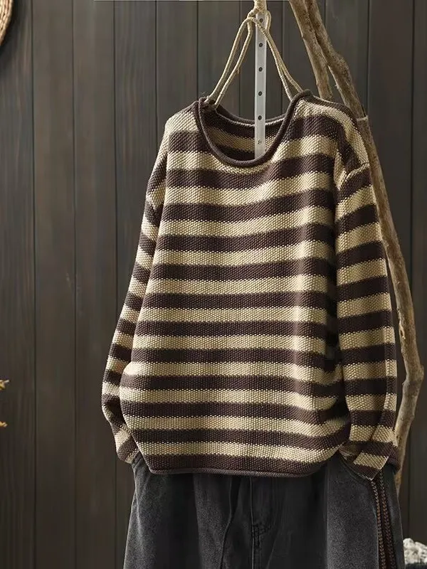 เสื้อสเวตเตอร์ถักลายทางสไตล์เรโทรทรงหลวมสำหรับผู้หญิง ฤดูใบไม้ร่วง 2025 ไซส์พลัส สีพื้น ช่วยให้ดูผอมเพรียว