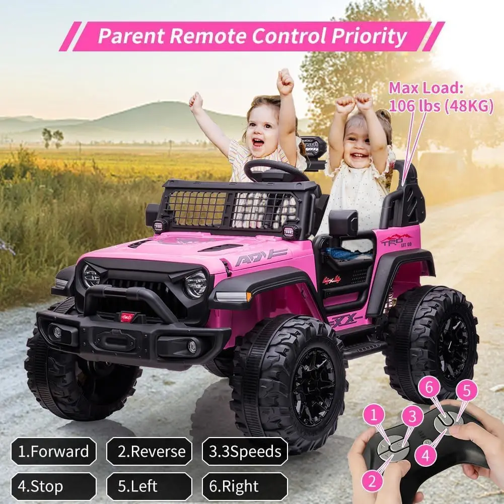 24V Kids Ride On Truck with Remote Control 15.5" All-Terrain Wheels & 20" Seat LED Lights/Music/USB Storage Gift for Boys Girls