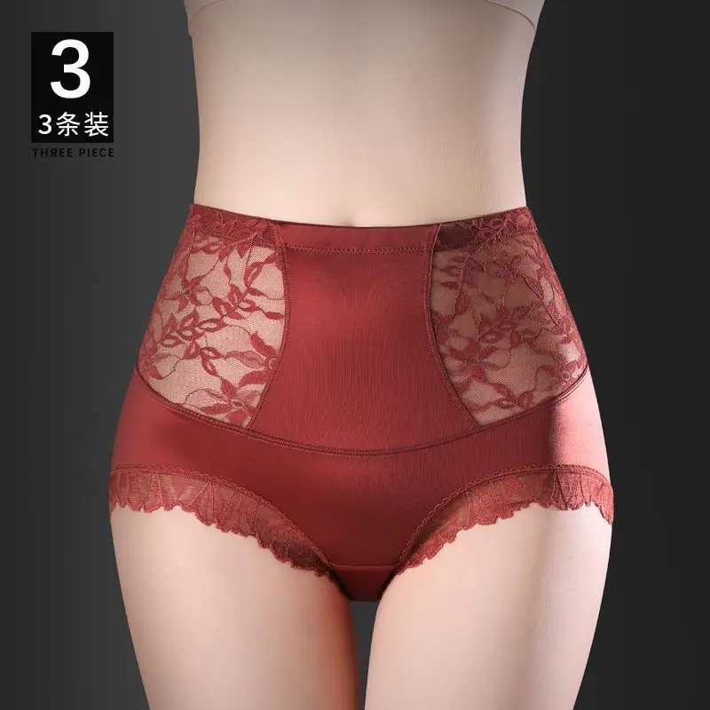 

High Waist Underwear Women Antibacterial Pants Silk Crotch Lace Briefs Sexy Hip Lift Triangle Shorts Fall Winter Belly Panties