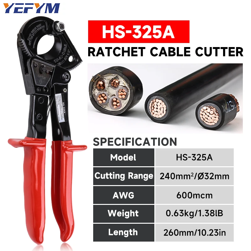 Ratcheting Cable Cutter Tool Heavy Duty Aluminum Copper For Cutting Electrical Wire Up to 240mm²/10.23Inch Cutter Pliers HS-325A