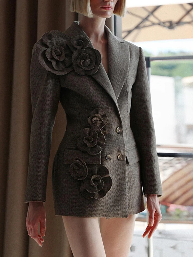 TWOTWINSTYLE Solide Tempérament Blazers Pour Femmes Col Cranté Manches Longues Patchwork Appliques Designer Élégant Blazer Femme