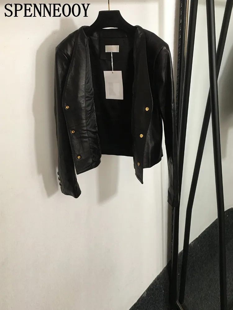 Spanneooy-Chaqueta de piel de oveja para mujer, chaqueta de manga larga con bolsillo y cuello en V, Color negro, moda de pasarela, otoño