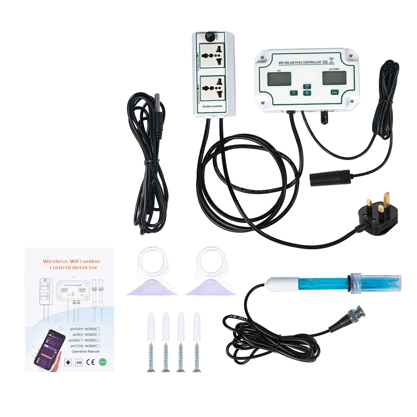 

3-in-1 WiFi Water Quality Detector PH/EC/TEMP Electrode BNC Type Probe Water Quality Tester for Aquarium Hydroponics Monitor