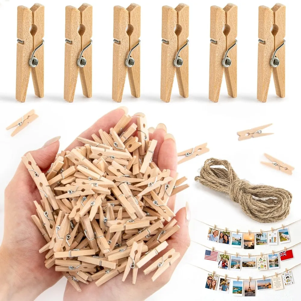 

US Shipping Mini Wooden Clothespins 200 PCS Natural Clips with Jute Twine for DIY Crafts Photo Display Hanging Pictures