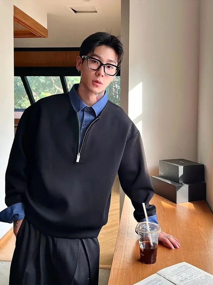 

Casual Sle Men's Long Sve Zipper Hoodie Fake Two-Piece Design irt Collar Heavyweight Bla Trendy Men's Faion High-E...