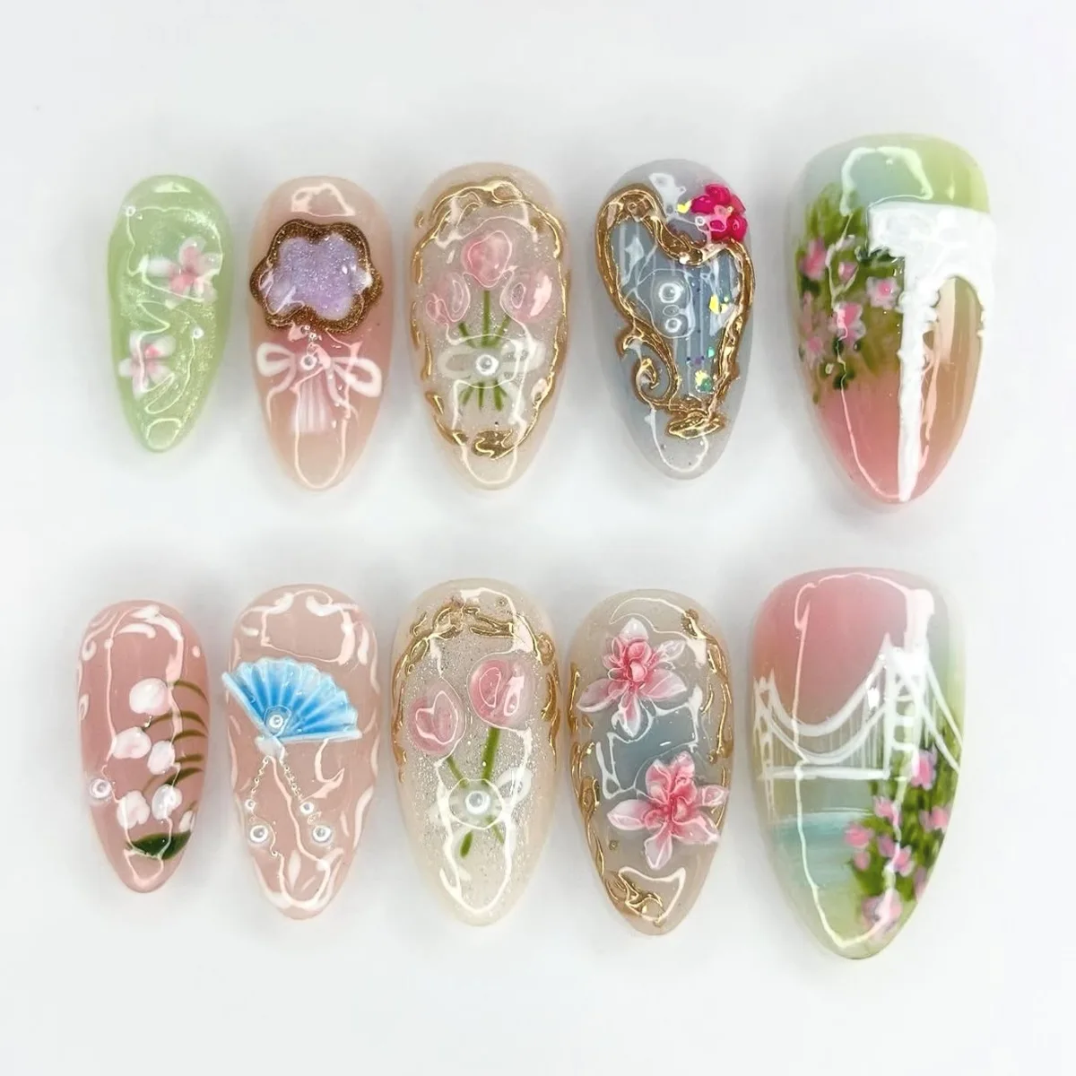 24 Stück Tropische Grüne Polka Dots Französische Kunstnägel 3D Rosa Blumen mit Silbernen Wirbelmustern Mandelförmige Aufklebnägel Hohe Qualität