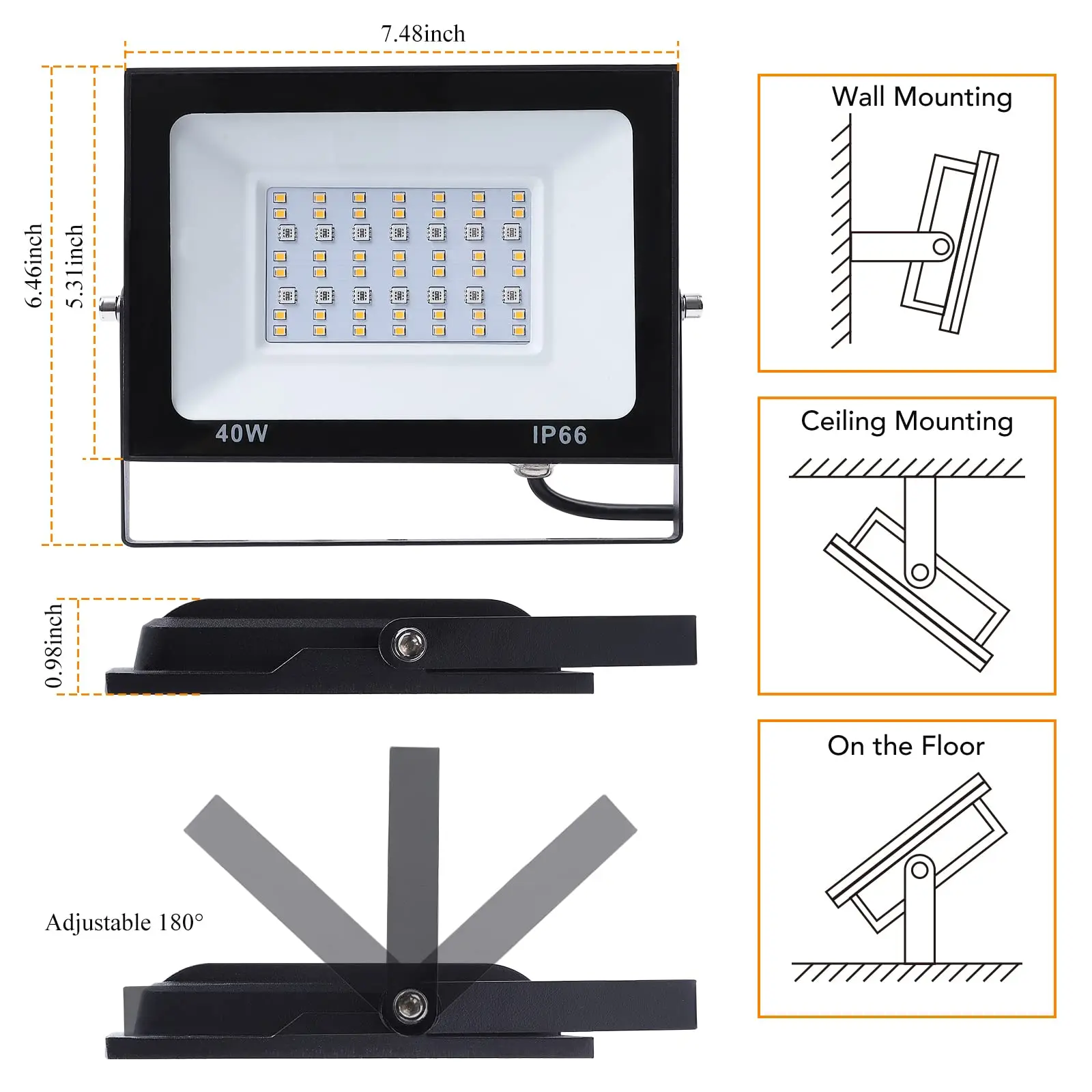 Reflector LED para exteriores, reflector RGB equivalente a 400W con control remoto, 4000 lúmenes, 3000K, 256 colores, Modo personalizado, 2 piezas