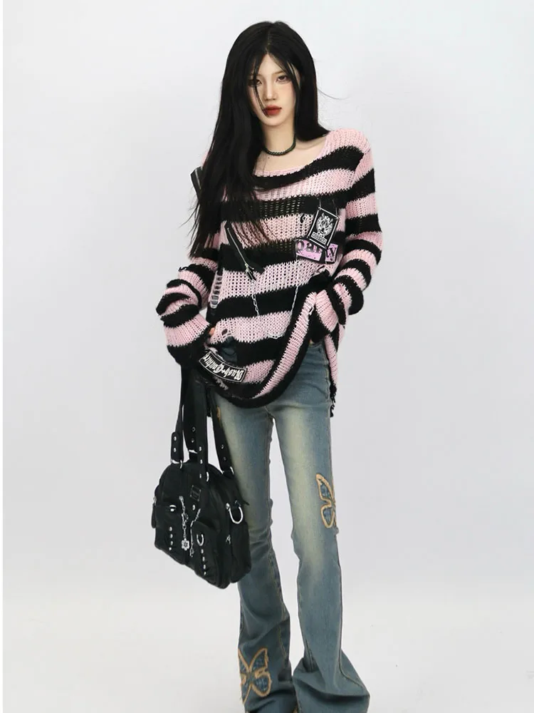 Women 2000s Aesthetic Japanese Harajuku Fashion Baddie Striped Jumper Oversize Ripped Knitwears E-girl Sweater Y2k Streetwear