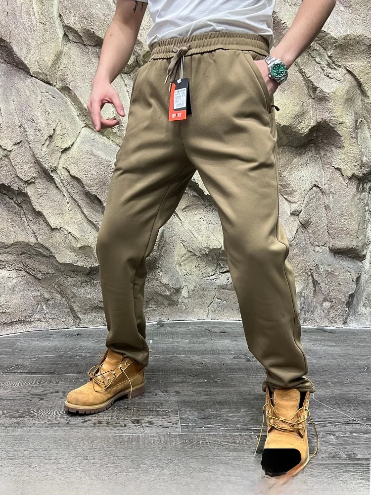 

Мужские повседневные брюки из смеси шерсти и шелка, водонепроницаемые прямые брюки на подкладке, осень-зима, теплые ветрозащитные эластичные манжеты