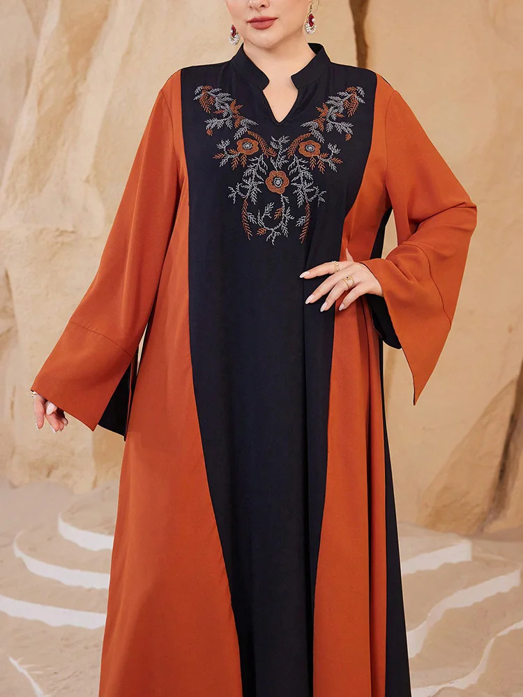 GIBSIE プラスサイズ エスニックスタイル エレガント アバヤドレス レディース 2025 秋冬 イブニングパーティー 刺繍入りローブ ストレート ロングドレス