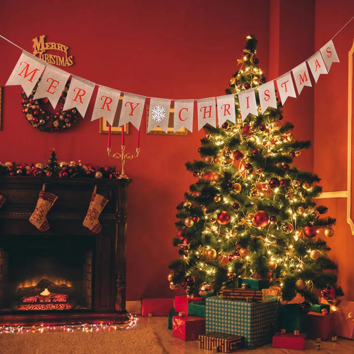 

Christmas Hanging Banner 3.5M Burlap Flags Garland Snowflake Merry Christmas Tree Decorations Party Festive DIY