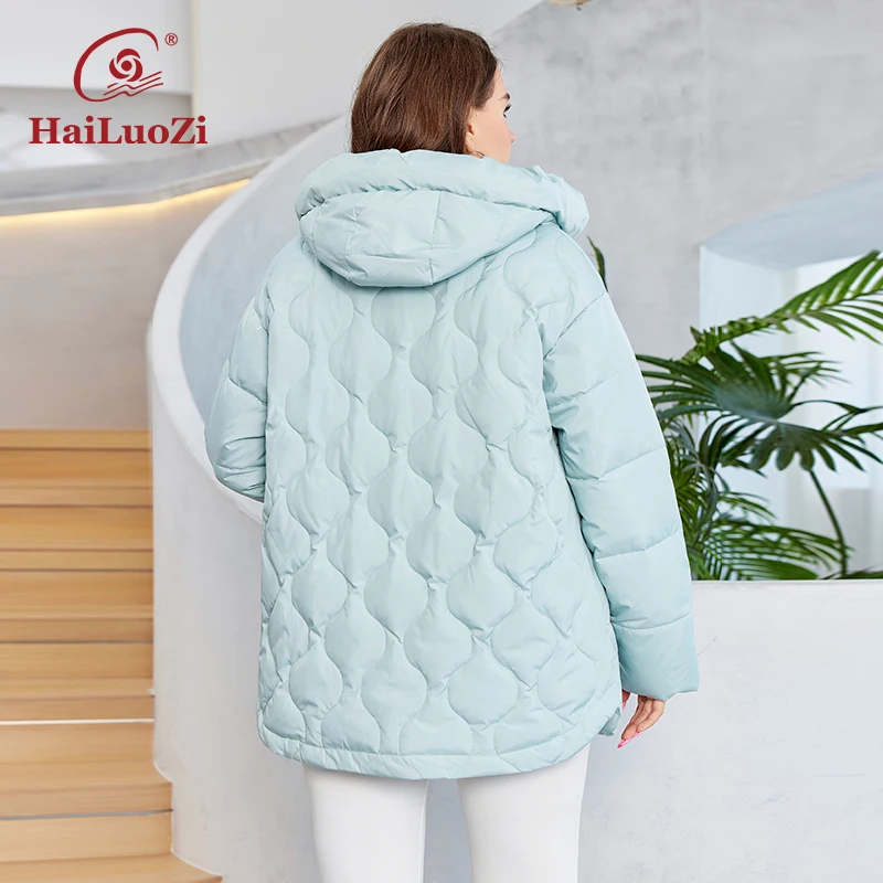 HaiLuoZi 2023 New Plus Size Winter Down Jacket Short Zipper Quilted Design High-quality Solid Color Hooded Warm Coat Women 1150