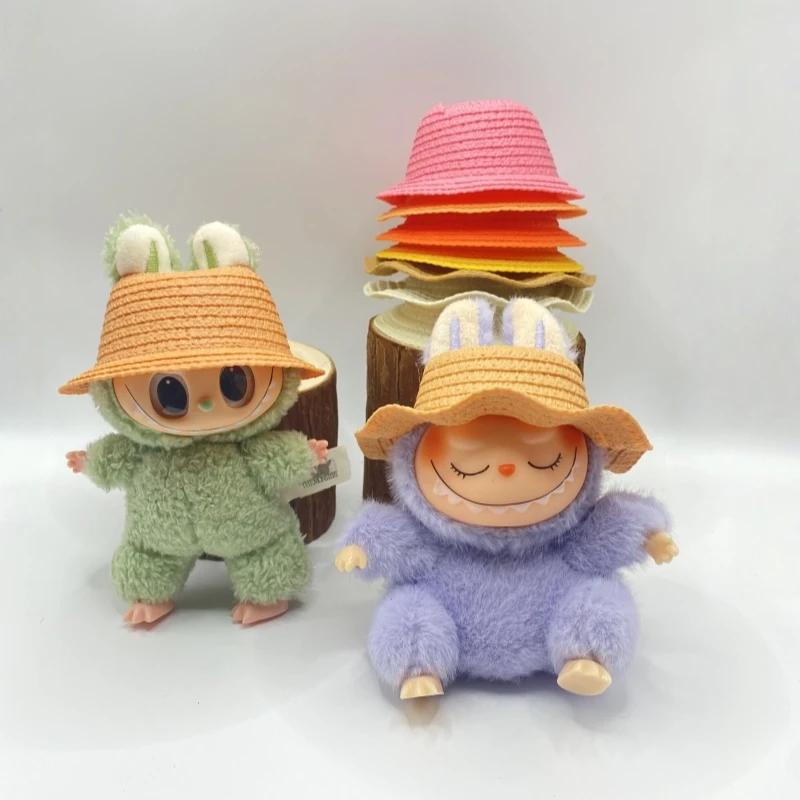 

Соломенная шляпа для куклы Labubu 15-17 см V1 V2 V3 Labubu, мини-пляжная шляпа Kawaii, вязаная шапка, аксессуары для одежды, детская игрушка в подарок
