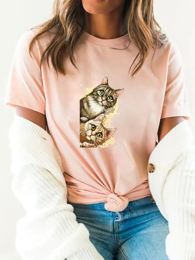 Cat Face Watercolor Trend Short Sleeve Print T Shirt Summer Top Basic Women Tee Clothes Fashion Clothing Graphic T-shirts