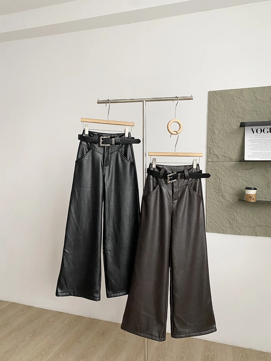 

Зимние женские брюки 2025 года в корейском стиле: новые, модные, универсальные, из искусственной кожи, на флисовой подкладке, облегающие, с широкими штанинами