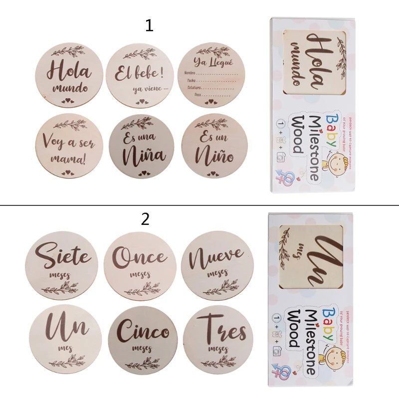 

6 Pcs/Set Handmade Baby Milestone Cards Newborn Monthly Recording Cards Spanish Language Letters Leaves Print Photocards