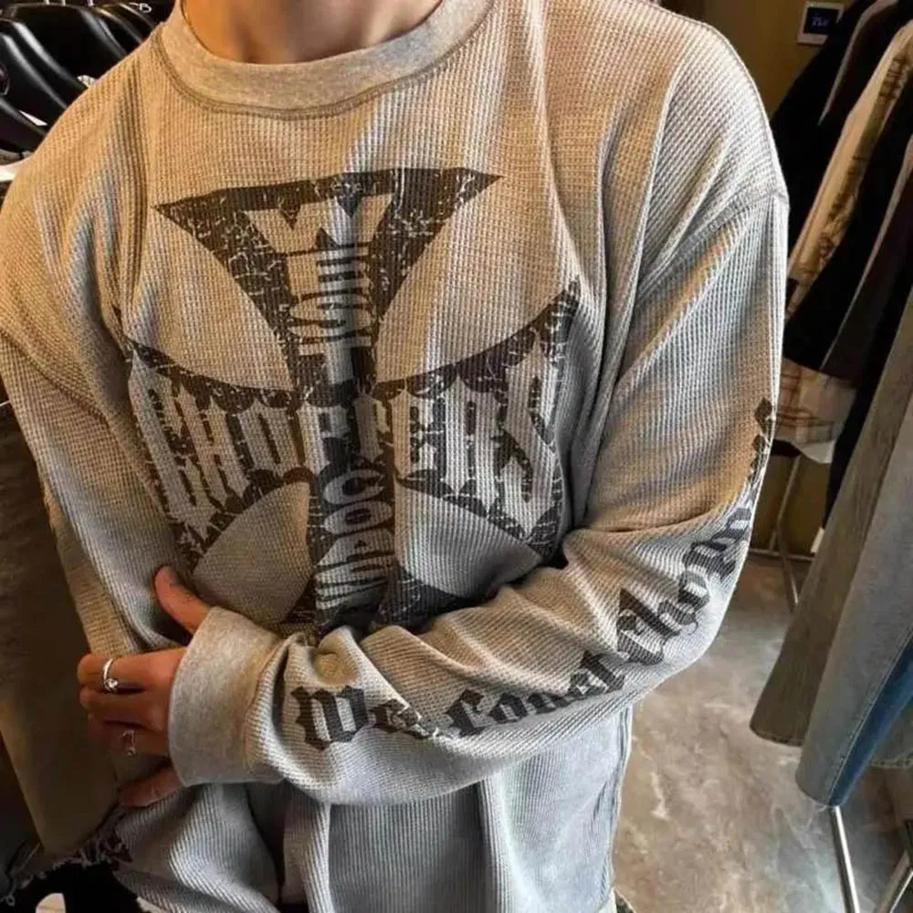 

Autumn New Men's Y2k Graphic Long-Sleeved T-Shirt American Retro Fashion Trend Street Hip-Hop Loose Niche Breathable Men's Tops